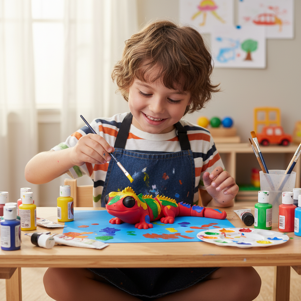 Criança a pintar iguana 3D