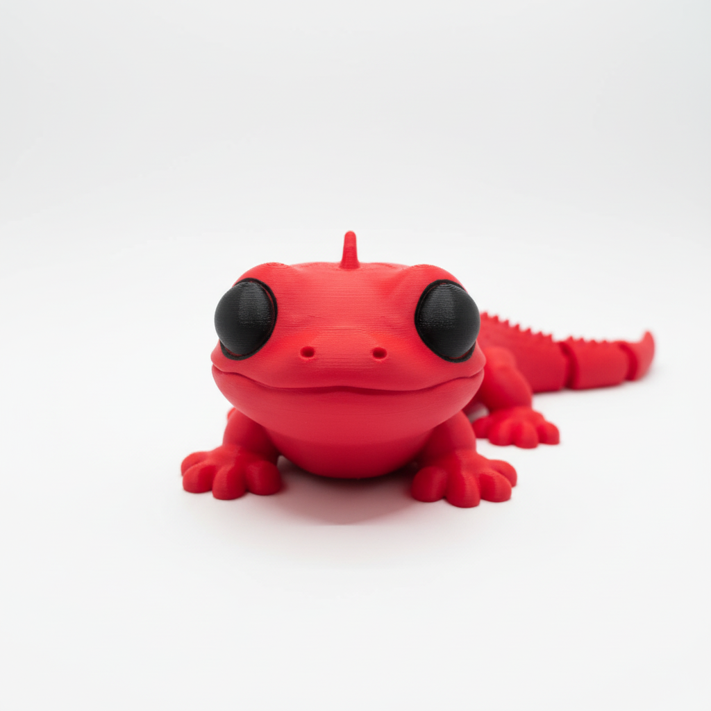 Iguana flexível articulada 3D vermelha - vista frontal com sorriso