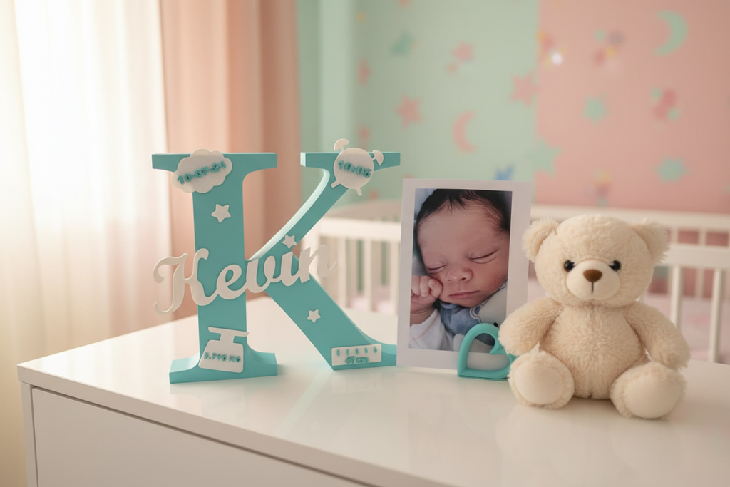 Letra personalizada Kevin com foto de bebé e peluche