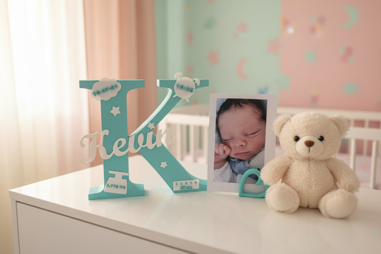 Letra personalizada Kevin com foto de bebé e peluche