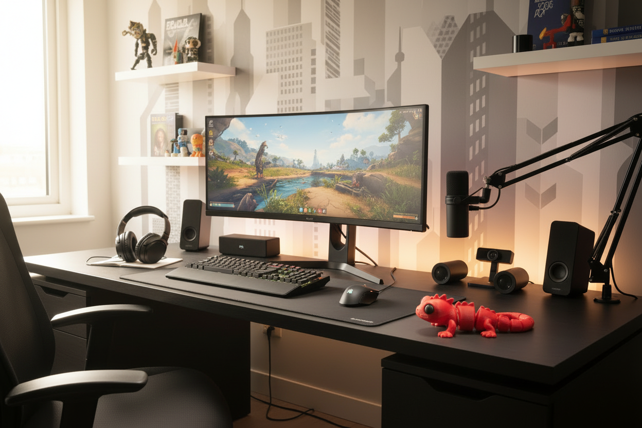 Iguana flexível 3D vermelha em setup gaming moderno iluminado