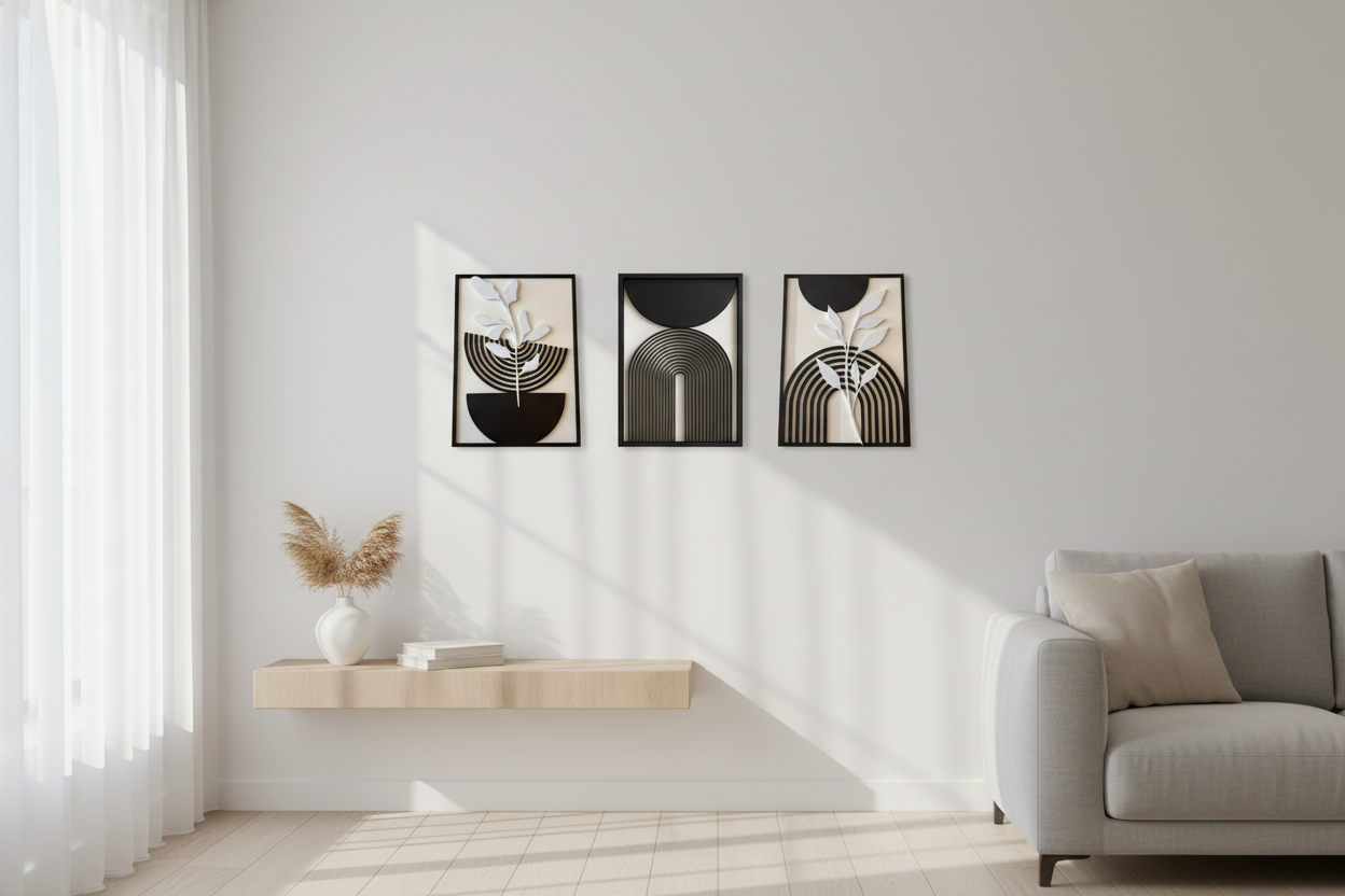 Três molduras 20x25cm em sala elegante