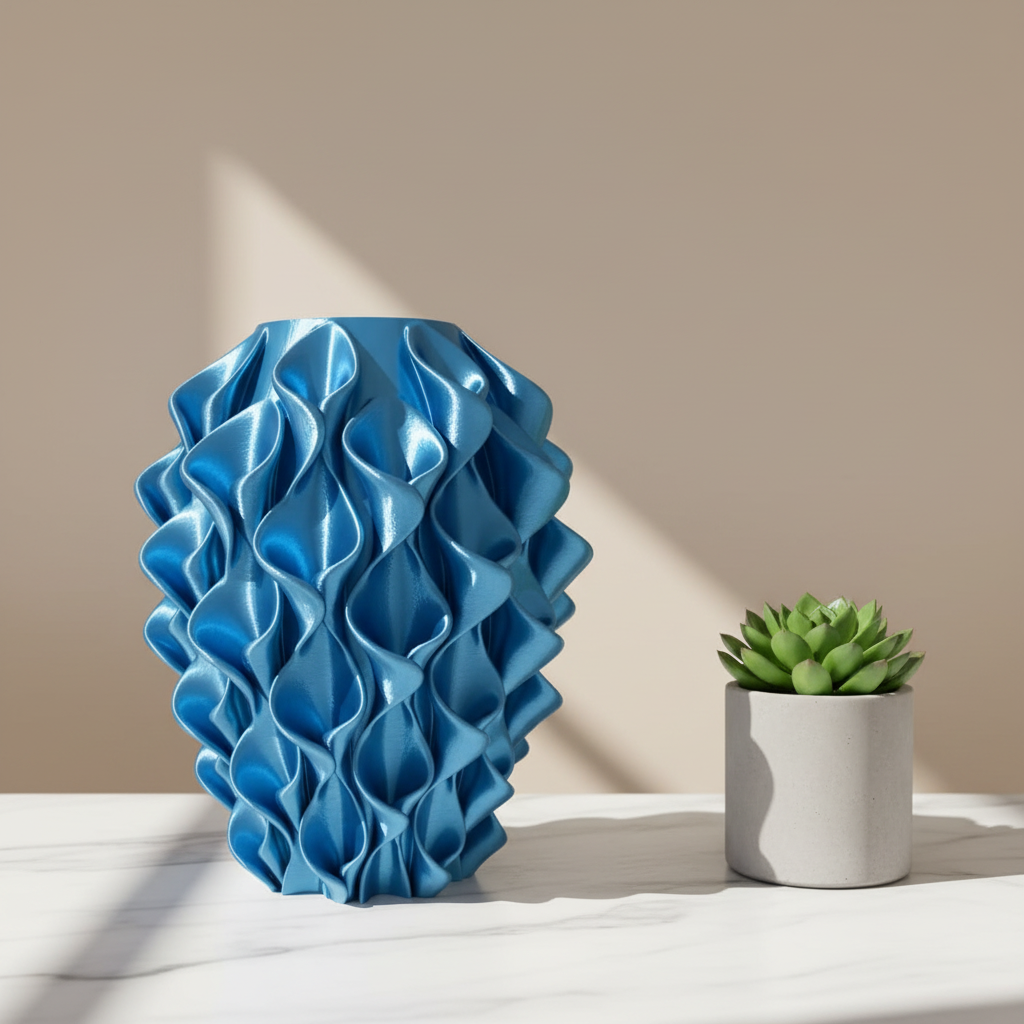 Vaso geométrico turquesa em ambiente minimalista