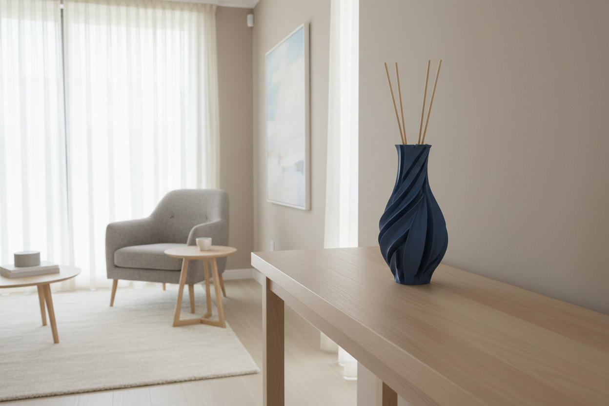 Vaso azul geométrico em quarto sereno