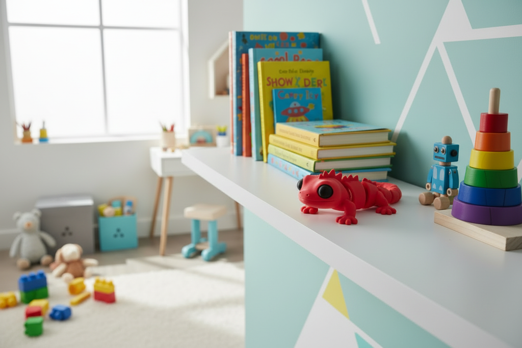 Iguana flexível 3D vermelha em quarto infantil colorido