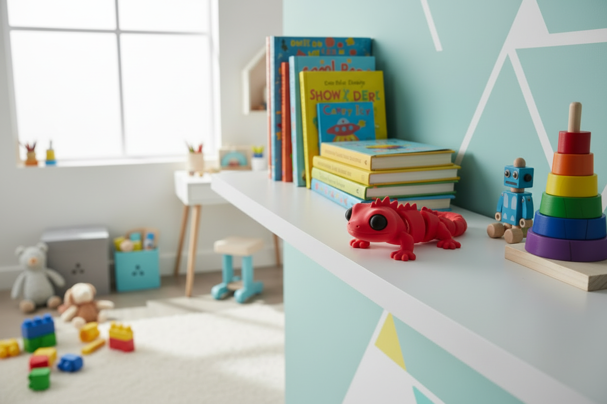 Iguana flexível 3D vermelha em quarto infantil colorido