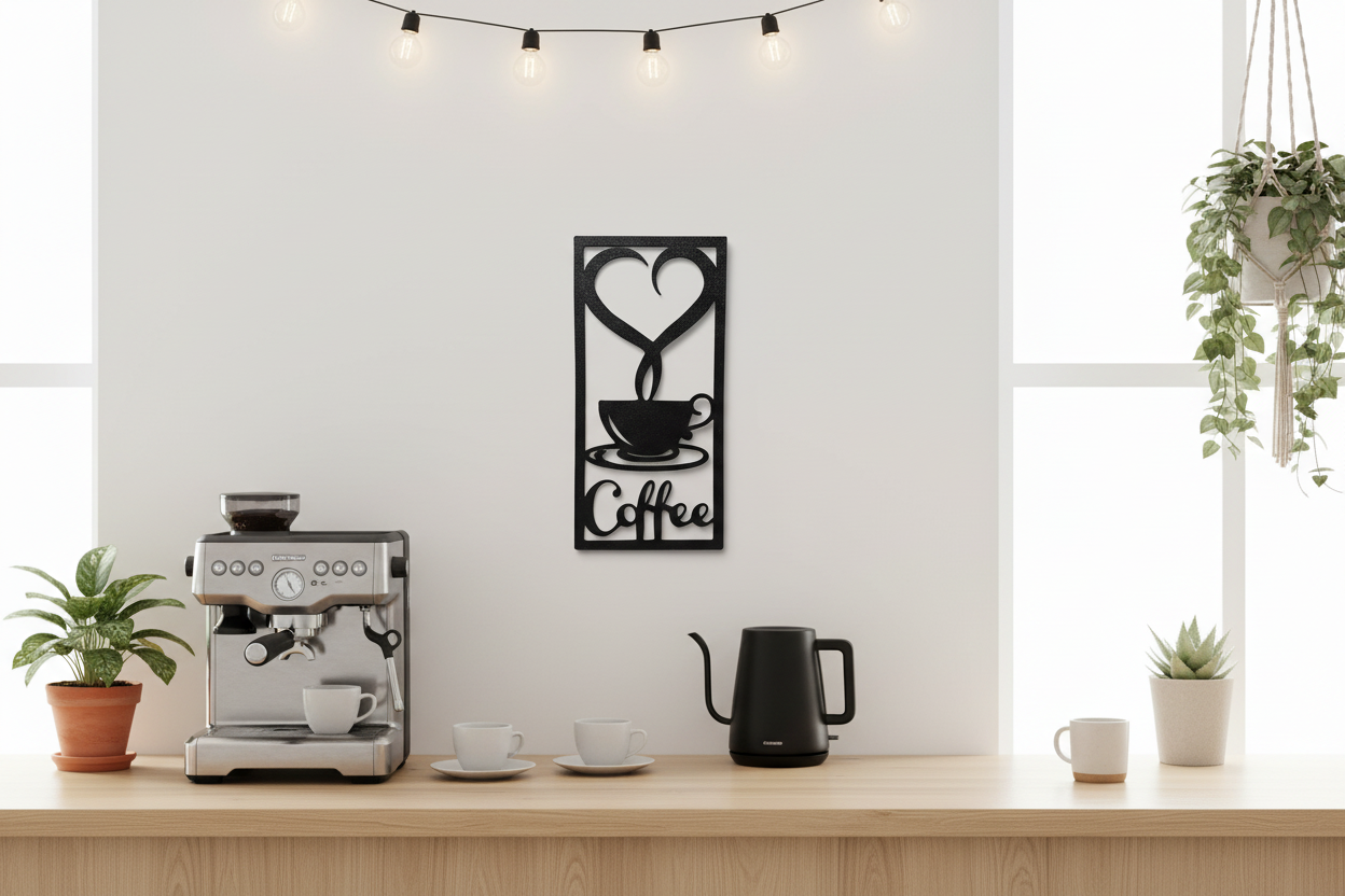 Moldura Coffee Love em cantinho de café com máquina