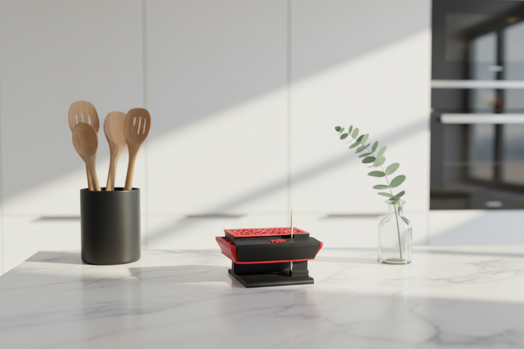 Porta-palitos em bancada de cozinha minimalista