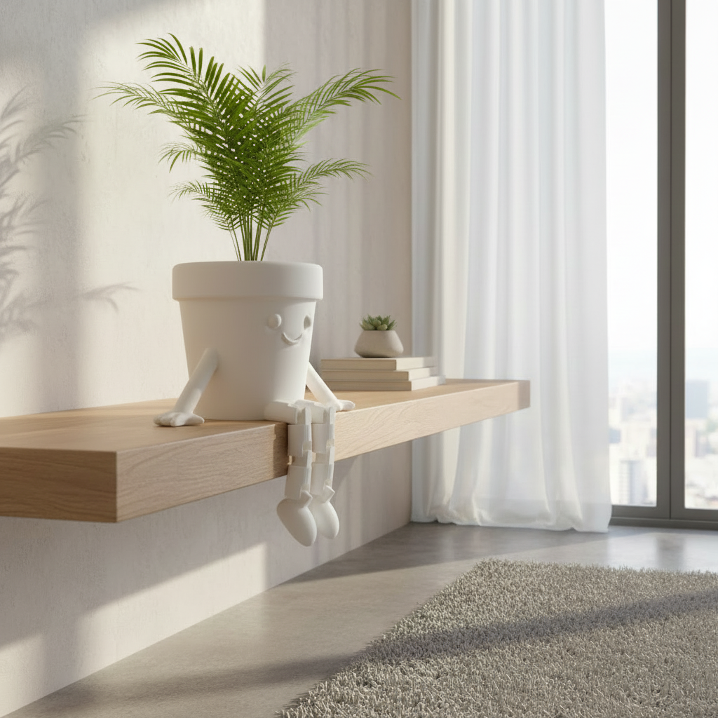 Vaso decorativo articulado com palmeira em ambiente minimalista